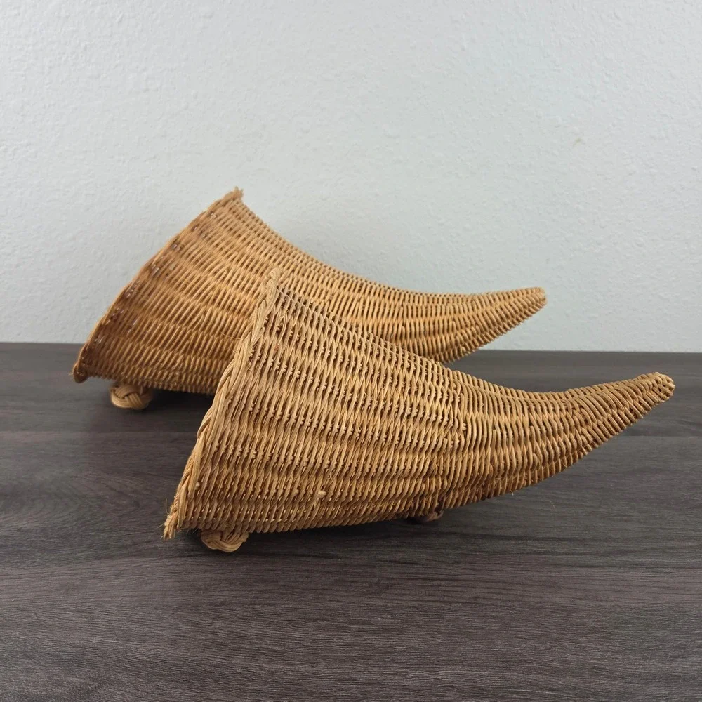 Vintage Wicker Cornucopia Basket 2pc Set Tan Thanksgiving Fall Decor Rustic